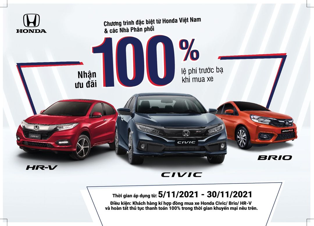 Tặng 100% Lệ phí trước bạ cho khách hàng mua Brio, Civic, HR-V trong tháng 11-2021. Liên hệ Honda Ôtô Khánh Hòa - Nha Trang | Hotline 0905 254 255