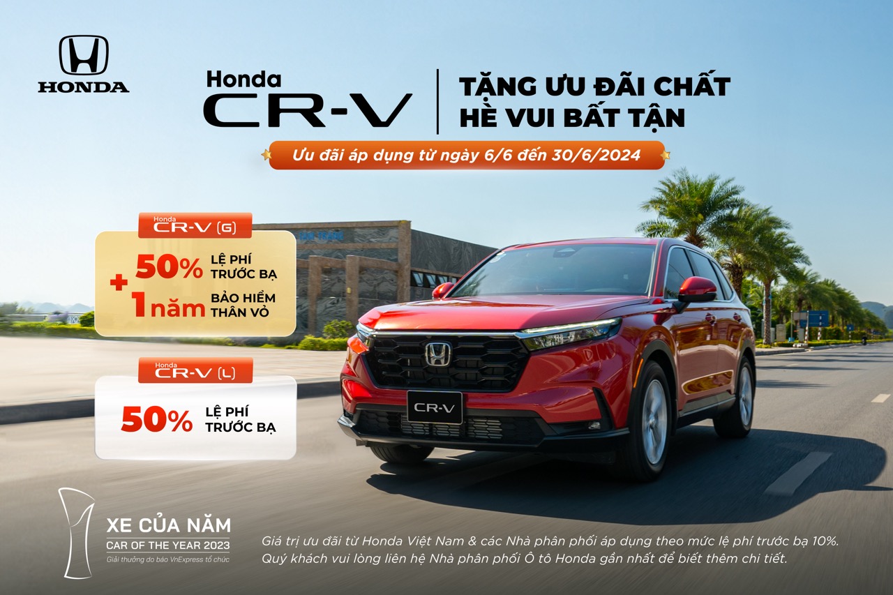 Honda CR-V ưu đãi 50% Lệ phí trước bạ và 1 năm bảo hiểm thân xe trong tháng 6/2024. Chi tiết liên hệ Honda Ôtô Khánh Hòa - Nha Trang | Hotline 0905 254 255